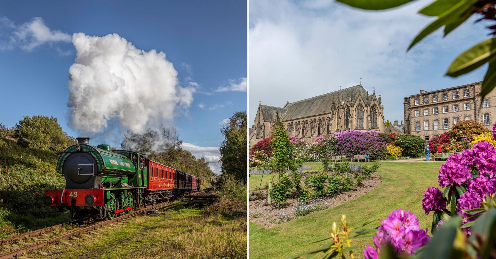 left to right - steam train at Tanfield Railway and exterior shot of Ushaw, Historic House, Chapels and Gardens
